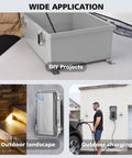 Collage of Outdoor IP67 Waterproof Junction Box with mounting plate used in DIY projects, outdoor landscape lighting, and charging station.