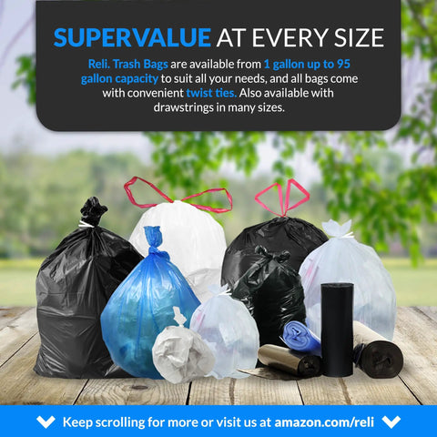 Various trash bags with twist ties, including Heavy Duty 45 Gallon Black Trash Bags 38x46 Inches, multiple colors and sizes shown