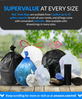 Assorted color and sized trash bags with twist ties, including Beefed Up 95 Gallon Black Trash Bags With Twist Ties 68 Count 60x66 Inches