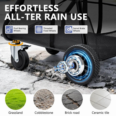 Heavy Duty Grocery Cart On Wheels With Seven Inch Dual Bearing Rubber Wheels And 360 Degree Swivel Brakes on uneven surface