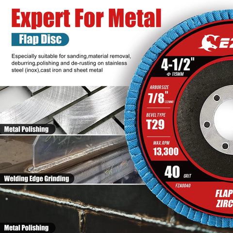 EZARC flap disc, 40 grit, 4-1/2 in x 7/8 in zirconia grinding disc for stainless steel and sheet metal