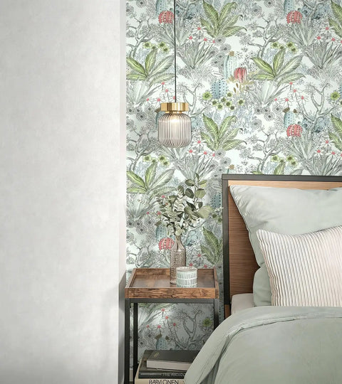 Bedroom scene with Boho Floral Peel And Stick Wallpaper Self Adhesive Contact Paper Waterproof For Bathrooms And Cabinets Removable Boho Chic Botanical Wall Covering 17.7 X 590.4 Inches on the wall, a bed with pastel bedding, and a wooden nightstand with decor.