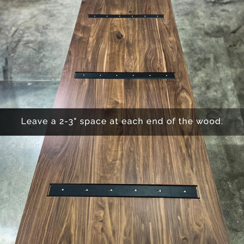 Heavy Duty Extra Wide 3 Inch C Channel Table Stiffeners Set Of 2 For Live Edge And Solid Wood Tables, 1/2 Inch Legs, Black Powder Coat, Anti Warp Reinforcement With 6 Slots For Ultra Stable Tops Built To Last installed on wood table