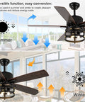 Retractable 36 Inch Farmhouse Rustic Ceiling Fan With Light Caged Style for year-round use, showing reversible function for summer and winter.