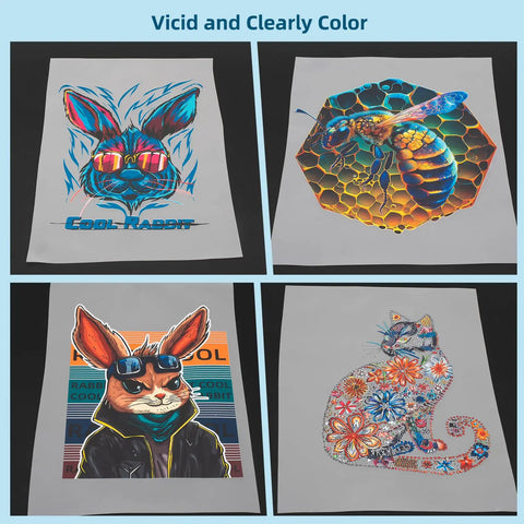 Various designs printed on DTF Transfer Film Roll 13 Inch By 328 Feet Double Sided Glossy Clear Pretreated PET Heat Transfer Paper.