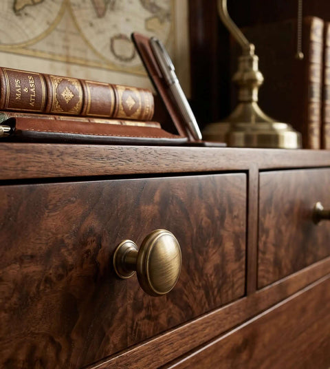 Close-up of dresser with 12 Pack Brushed Bronze Cabinet Knobs Set For Kitchen And Furniture Brass Zinc Alloy Drawer Pulls Single Hole Mount