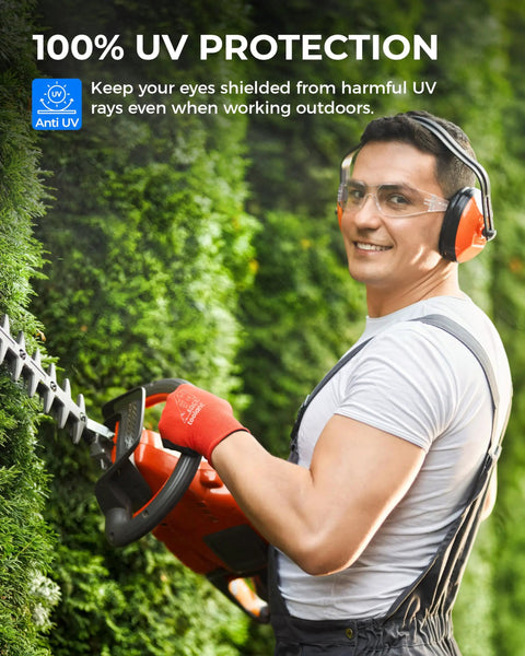 Man wearing Four Pack Clear Safety Glasses With UV400 And ANSI Z87.1 Standards Built For The Daily Grind, trimming hedge