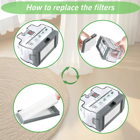 Guide on replacing filters in Replacement Side Brush And HEPA Filter Kit For M210 Series Robotic Vacuums, showing filter installation steps.