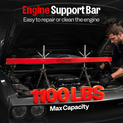 1100 Lb Engine Support Bar Transverse Hoist For Heavy Duty Engine Lifts Durable Thickened Steel With Double Beam Rust Proof Coating Resists Oil And Corrosion Wide Compatibility Across Most Vehicles And Small Engines, red 57-inch bar in car engine bay