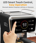Close-up of 20 Bar Espresso Machine For Home And Office With Milk Frother, Iced Coffee Maker, LED display, and buttons
