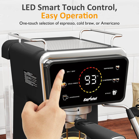 Close-up of 20 Bar Espresso Machine For Home And Office With Milk Frother, Iced Coffee Maker, LED display, and buttons