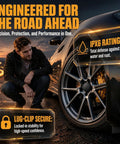 Four Pack Slick Wheel Center Caps Featuring Straight Forward Snap In Fit And Rust Proof Abs Build With Polished Chrome Rings captured close to a car wheel.