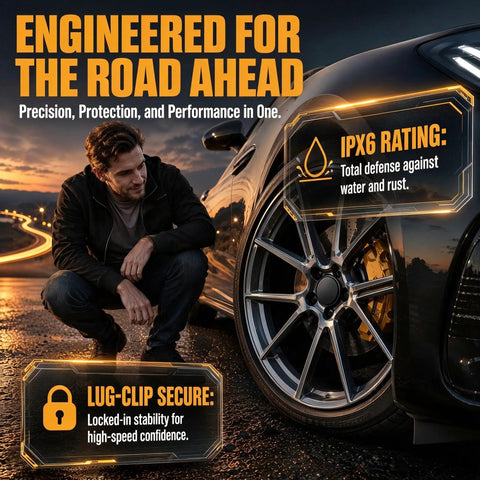 Four Pack Slick Wheel Center Caps Featuring Straight Forward Snap In Fit And Rust Proof Abs Build With Polished Chrome Rings captured close to a car wheel.