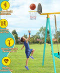 Child playing basketball on Heavy Duty Backyard Swing Set For Kids With 2 Swings, Climbing Ladder and Basketball Hoop, 7 in 1 Playset.