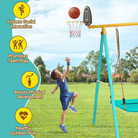 Child playing basketball on Heavy Duty Backyard Swing Set For Kids With 2 Swings, Climbing Ladder and Basketball Hoop, 7 in 1 Playset.