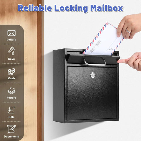Person inserting envelope into Outdoor Steel Key Lock Mailbox With Wall Mount, Secure Drop Box, Black, Rust Resistant.