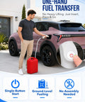 Cordless Rechargeable Fuel Transfer Pump With Easy One Hand Grip And A Beast Mode Three GPM Flow Rate For Moving Gasoline Diesel Or Kerosene Quick While Skipping All The Grease And Frustrating Rigamarole in use for easy fueling.