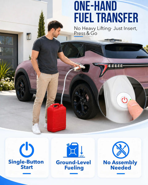 Cordless Rechargeable Fuel Transfer Pump With Easy One Hand Grip And A Beast Mode Three GPM Flow Rate For Moving Gasoline Diesel Or Kerosene Quick While Skipping All The Grease And Frustrating Rigamarole in use for easy fueling.