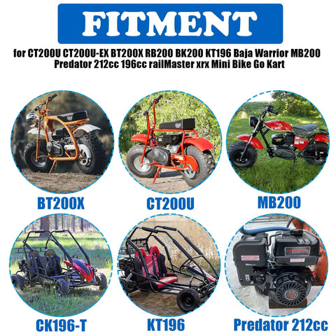 Assorted mini bikes and go-karts for 196cc to 212cc engines compatible with Beefed Up Carburetor With Main Jet Kit.