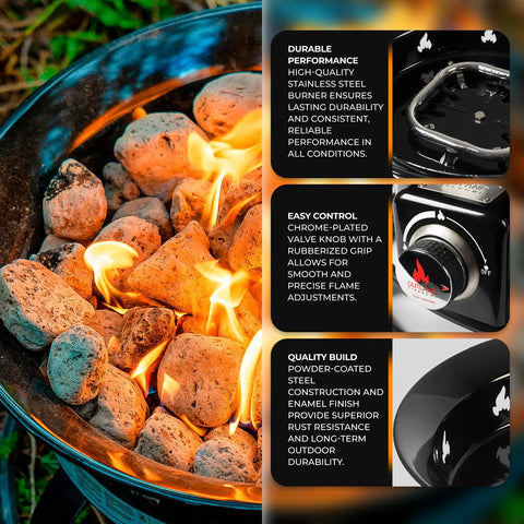 Portable Propane Fire Pit 19 Inch Smokeless Gas Firebowl With Carry Kit And Cover, 58,000 BTU, showing flames and controls