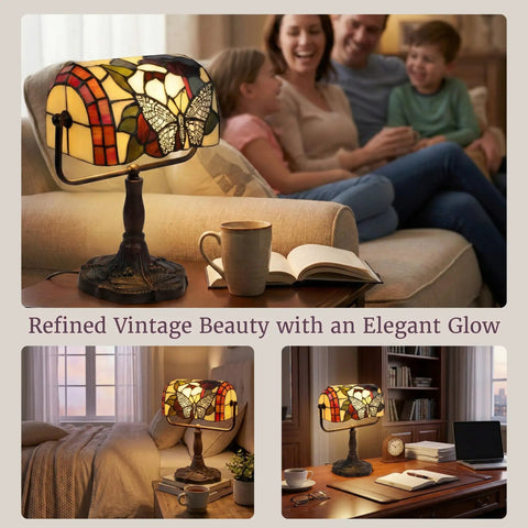 Stained Glass Butterfly Style Bankers Lamp With Handcrafted Design on desk in cozy living room setting with family