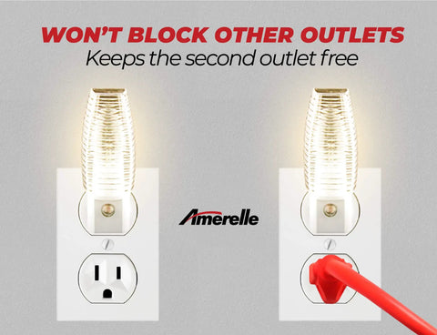 Incandescent Night Light 4 Pack Plug In Dusk To Dawn Night Lights for hallways, showing outlet flexibility and second socket free.