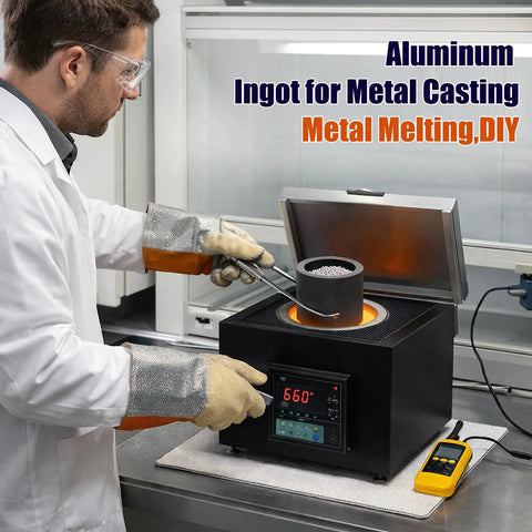 Premium Grade 99.6 Percent Pure Aluminum Ingots And Pellets Pack One Pound Raw Metal Blocks in use for melting.