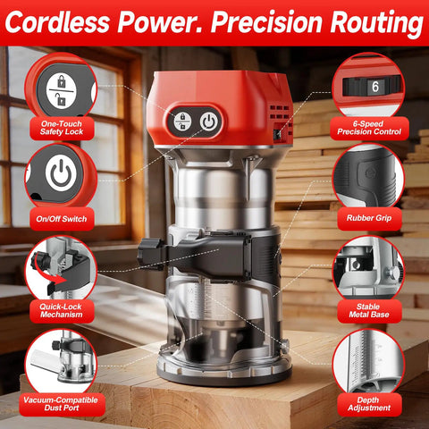 Cordless 800W Brushless Palm Router Kit for On The Go Woodworking Compact Bare Tool With Edge Guide And Bits Six Variable Speeds