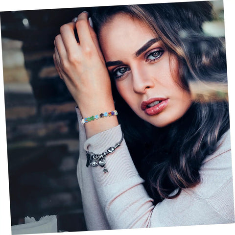 Close-up of a woman wearing a colorful Pentagram Glass Spacer Beads And Bracelet Making Kit With Earring Crafting Tools bracelet.