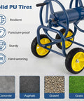Must Have Heavy Duty Garden Hose Reel Cart With Four Solid Wheels Mobile Water Hose Cart That Holds Up To 330 Ft Of 5/8 Inch Hoses Durable Metal Frame Easy Maneuver For Lawn And Backyard Navy Blue front view with PU wheels.