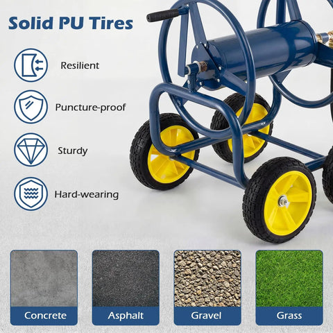 Must Have Heavy Duty Garden Hose Reel Cart With Four Solid Wheels Mobile Water Hose Cart That Holds Up To 330 Ft Of 5/8 Inch Hoses Durable Metal Frame Easy Maneuver For Lawn And Backyard Navy Blue front view with PU wheels.