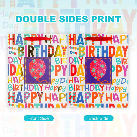 Two Pack 12.6 Inch Large Happy Birthday Gift Bags With Tissue Paper For Birthday Party Supplies Colorful Cheerful Design