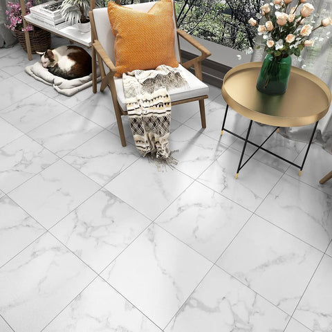 Peel And Stick Floor Tiles For Bathrooms Diy Friendly Waterproof Vinyl Marble Look 12x12 Inches 20 Self Adhesive Tiles Thick 1.6mm No Mess Easy Install White Marble Style Durable Floor Upgrade in a chic living area with a cozy chair and flowers.
