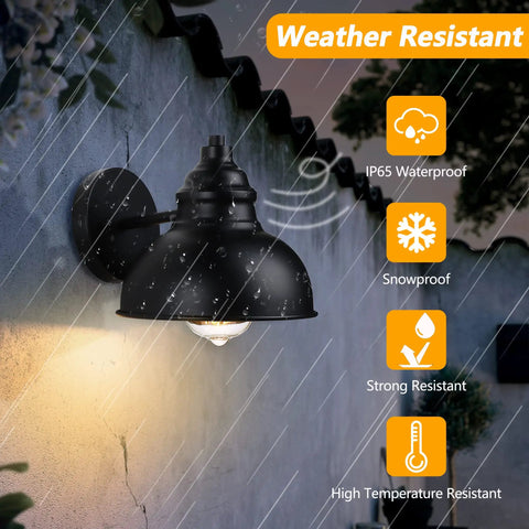 Two Pack Matte Black Outdoor Wall Lights With E26 Socket Base Farmhouse Barn Style Sconces For Indoor And Outdoor Use Weatherproof Anti Rust Exterior Lighting With Classic Round Baseplate And Covered Top Cap Easy Install showing weatherproof feature in rain.