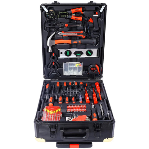 Open case of 969 Piece Hand Tool Kit With 4 Drawer Rolling Toolbox Storage Case For Home And Garden Repairs, showcasing various tools.