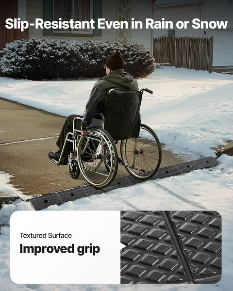 Person in wheelchair using Two Pack Heavy Duty Rubber Curb Ramp With 2 Inch Rise For Cars SUVs Trucks And Trailers, slip-resistant surface