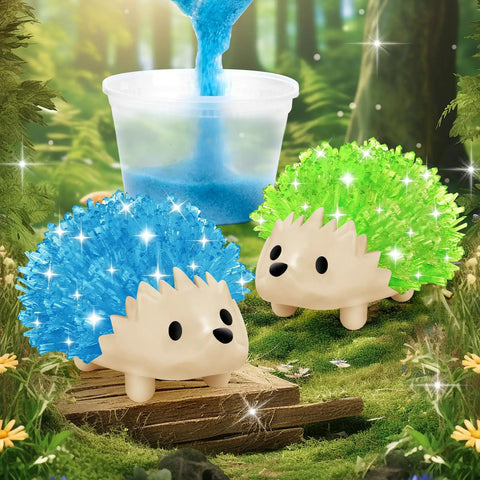 Crystal Growing Kit For Kids, Two Color Hedgehog Crystals Grow In 24 Hours, blue and green crystals in forest setting