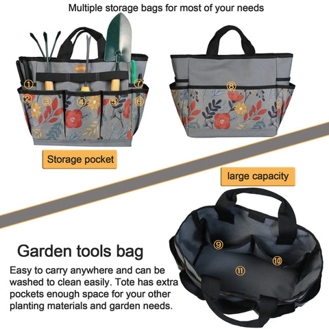 Floral Garden Tool Tote Organizer Bag With 8 Roomy Pockets, Durable 600D Oxford Exterior, Reinforced Bottom For Upright Stability