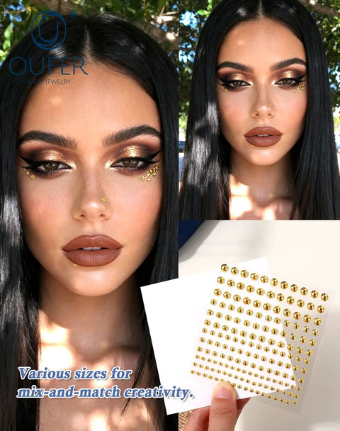 Stick On Acrylic Fake Piercings Kit With Lip Studs, Eyebrow And Nose Piercing, Non Piercing Face Jewelry, Adhesive Piercing Balls, Clear CZ Options, Easy Clip Attach, Multiple Styles For A Bold, Trendy Look. Gold stud sheets with mixed sizes