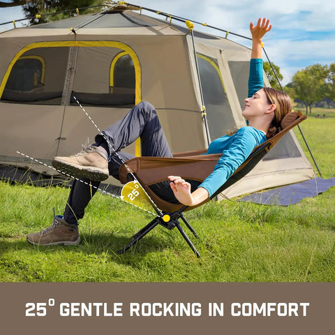 Person relaxing in Zeta L8 Max Camping Chair with Carry Bag, 25 degree gentle tilt, beside a large beige tent, outdoor setting.