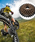 Cyclist riding mountain bike with inset of 7 Speed Freewheel And 21 Speed Cassette Gear Set For Mountain Cross And Road Bikes In Heavy Duty Steel, Rust Resistant Rear Hub Sprocket Replacement, Lightweight Performance Upgrade For Daily Trails