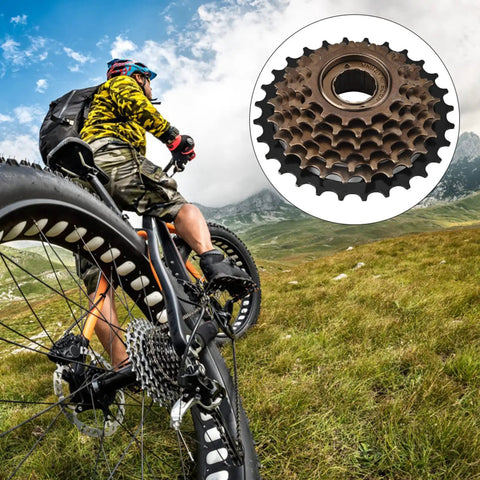 Cyclist riding mountain bike with inset of 7 Speed Freewheel And 21 Speed Cassette Gear Set For Mountain Cross And Road Bikes In Heavy Duty Steel, Rust Resistant Rear Hub Sprocket Replacement, Lightweight Performance Upgrade For Daily Trails