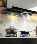 30 Inch Under Cabinet Range Hood With 750 CFM Power, installed above stovetop, showing gesture sensing and two aluminum filters.