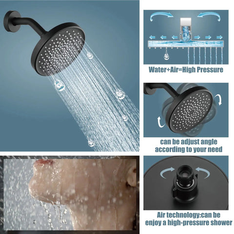 Matte Black Shower Tub Faucet Set With Pressure Balance Valve, Single Spray Shower Head System showing adjustable angle feature