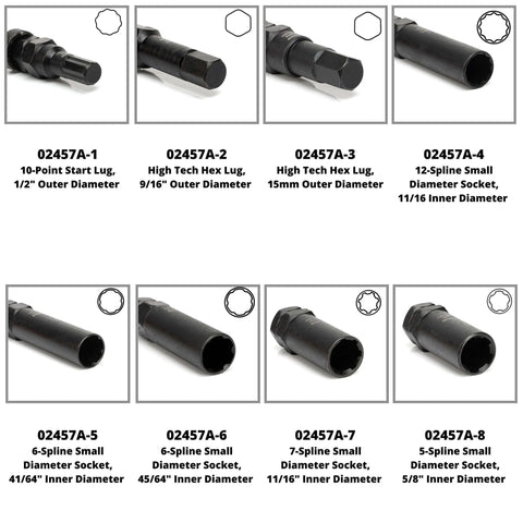 Close-up of 16 Piece Lug Nut Key Set And Wheel Lock Removal Tool Kit for Aftermarket and Factory Wheels, SAE and Metric Lock Keys.