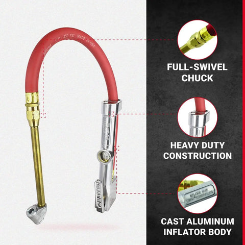 Dual Head Tire Inflator Gauge With 15 Inch Air Hose, Accurate 10-160 PSI Readout In 2 PSI Increments, Easy Read Dial