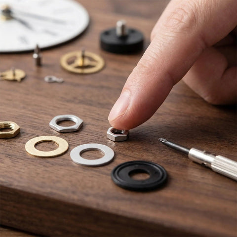 Quartz Clock Nut and Washer DIY Repair Kit 10 Sets With Metal and Rubber Components For Stable Performance, Precise Assembly, And Easy Wall Clock Mechanism Replacement, close-up
