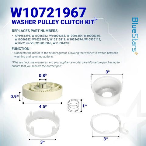 Washer Pulley Clutch Kit And Drive Belt For Whirlpool Kenmore Maytag 2 Piece Set Replaces W10006356 details and dimensions