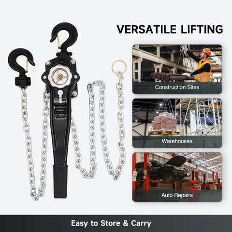 Lever Chain Hoist One And One Half Ton Capacity 3300 Lb Manual Chain Hoist With Ten Ft Lift G80 Galvanized Chain shown in use.