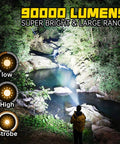 Person using Beast Mode 90,000 Lumens Rechargeable LED Flashlight With Zoomable Beam to illuminate riverbank at night.